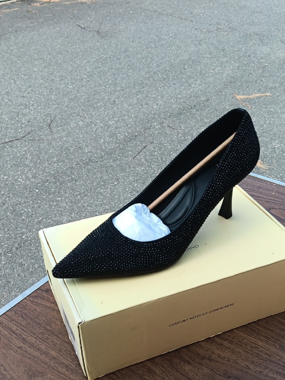 Crystal-Studded Black Pointed Toe Kitten Heel Pump